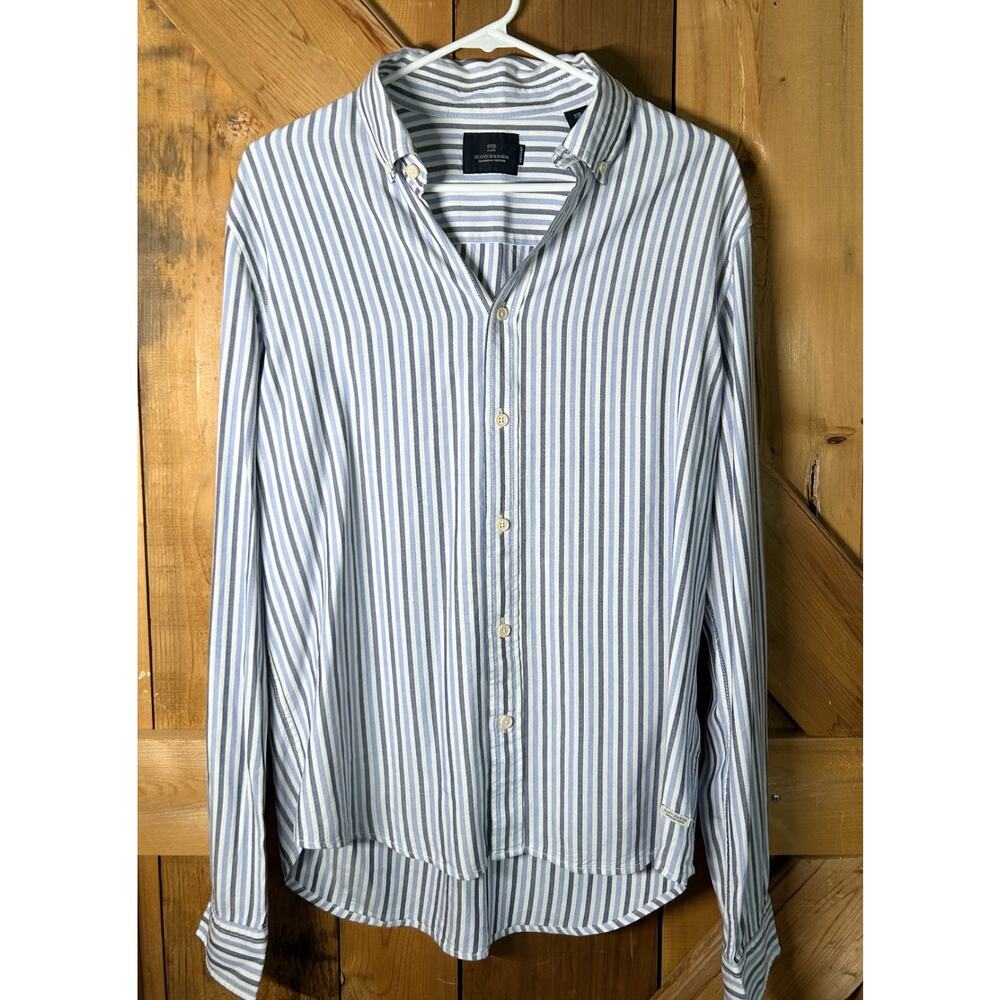 Scotch & Soda Blue Striped Medium Long Sleeve Button Down Shirt, Coastal, Preppy